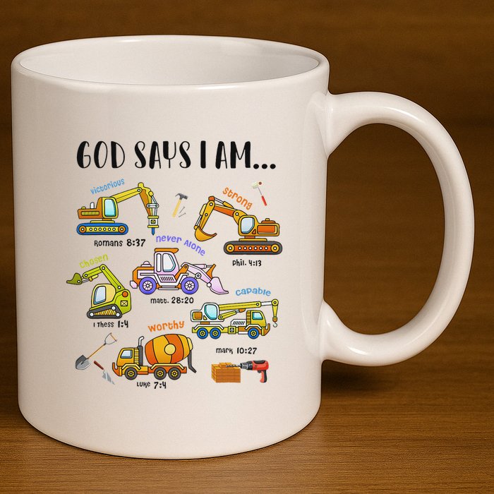 God Says I Am Cute Construction Christian 11oz C Handle Ceramic Mug