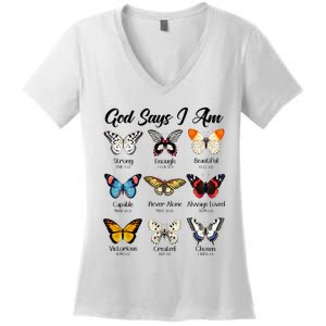 God Says I Am Butterfly Christian Jesus Lover Religious Women's V-Neck T-Shirt