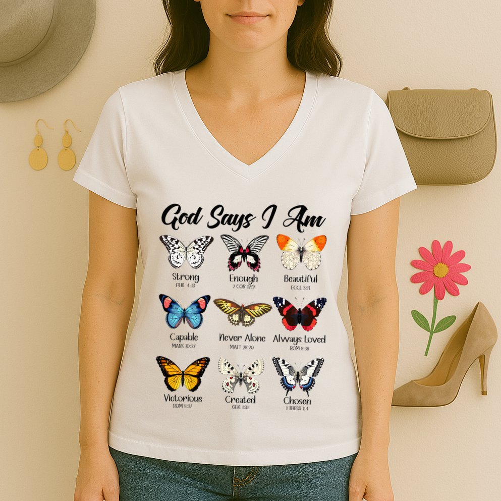 God Says I Am Butterfly Christian Jesus Lover Religious Women's V-Neck T-Shirt