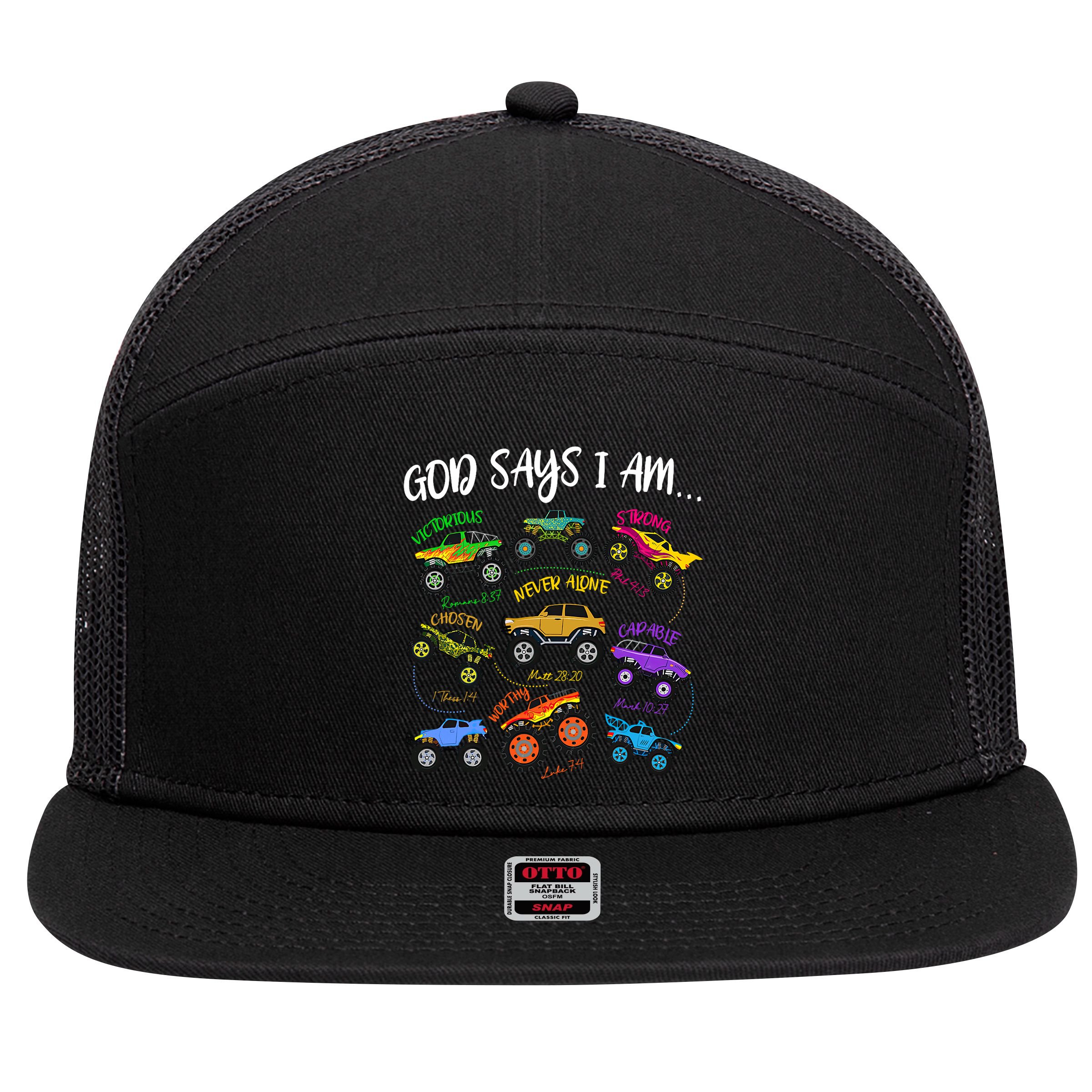 God Says I-Am Christian Easter Truck Religious  7 Panel Mesh Trucker Snapback Hat