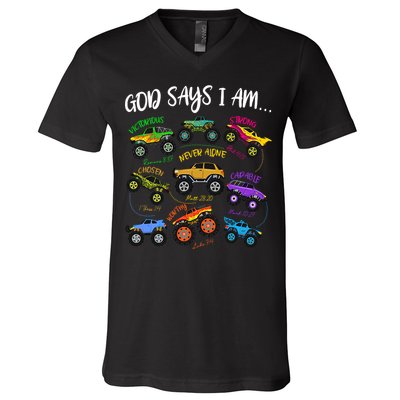 God Says I-Am Christian Easter Truck Religious  V-Neck T-Shirt