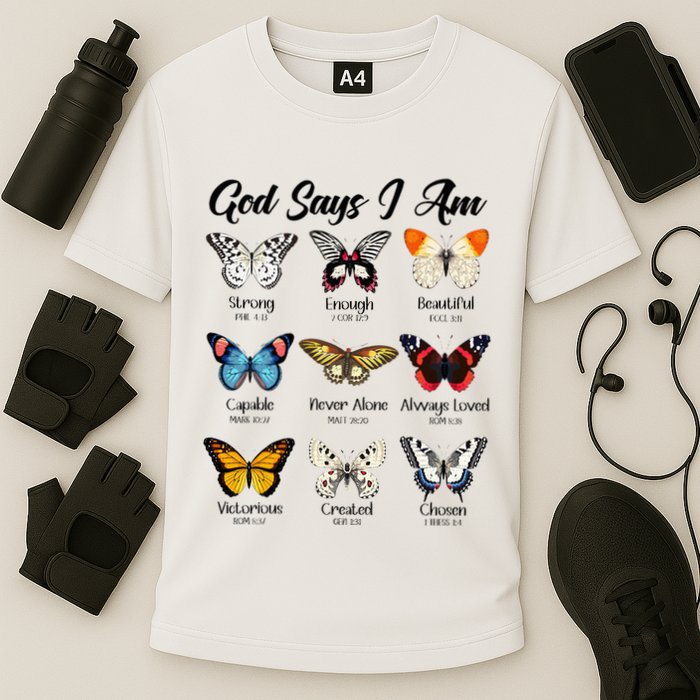 God Says I Am Butterfly Christian Jesus Lover Religious Cooling Performance Crew T-Shirt