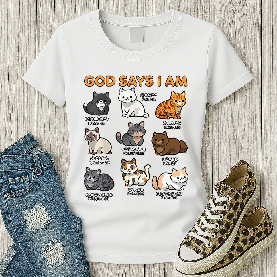 God Says I Am Cat Cute Cats Lover Bible Verse Christian Womens T-Shirt