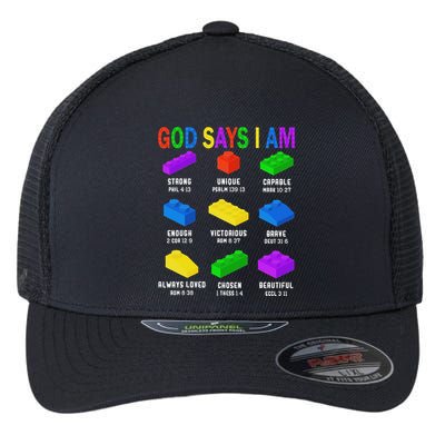 God Says I Am Building Brick Builder Block Christian Flexfit Unipanel Trucker Cap