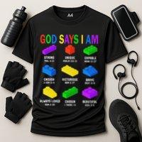 God Says I Am Building Brick Builder Block Christian Performance Shirt