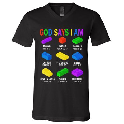 God Says I Am Building Brick Builder Block Christian V-Neck T-Shirt