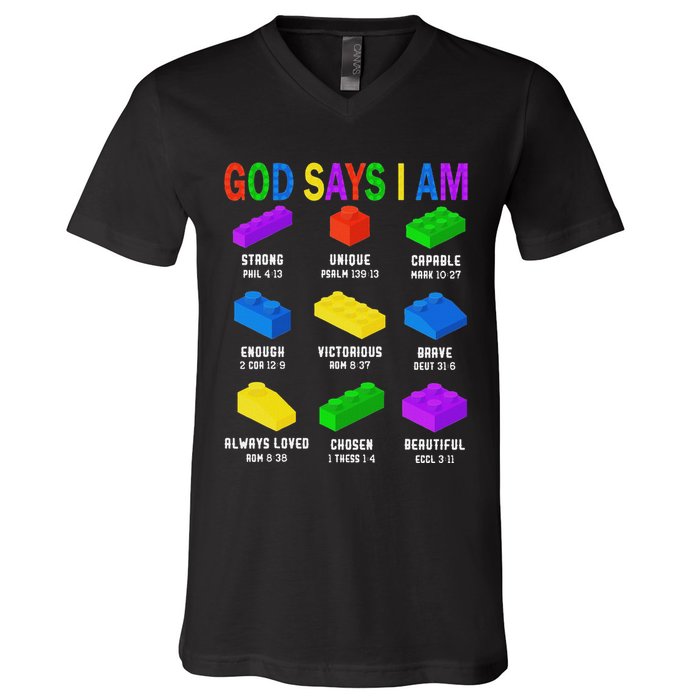 God Says I Am Building Brick Builder Block Christian V-Neck T-Shirt