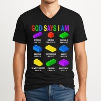 God Says I Am Building Brick Builder Block Christian V-Neck T-Shirt