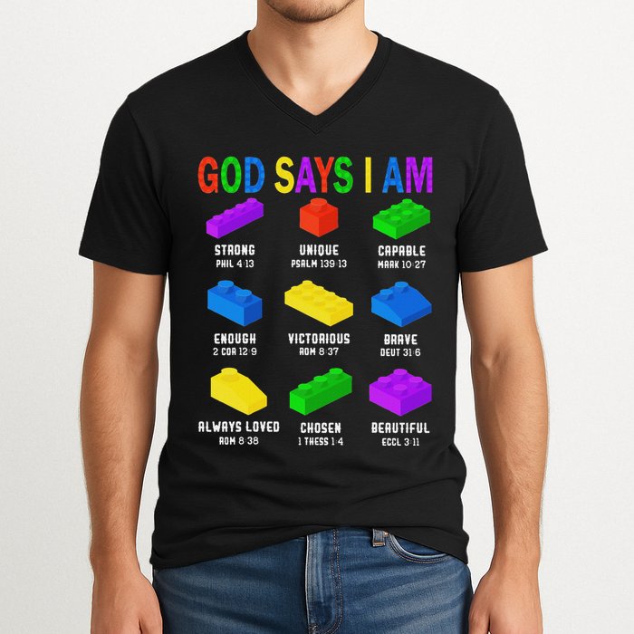 God Says I Am Building Brick Builder Block Christian V-Neck T-Shirt