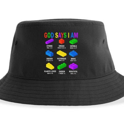 God Says I Am Building Brick Builder Block Christian Sustainable Bucket Hat