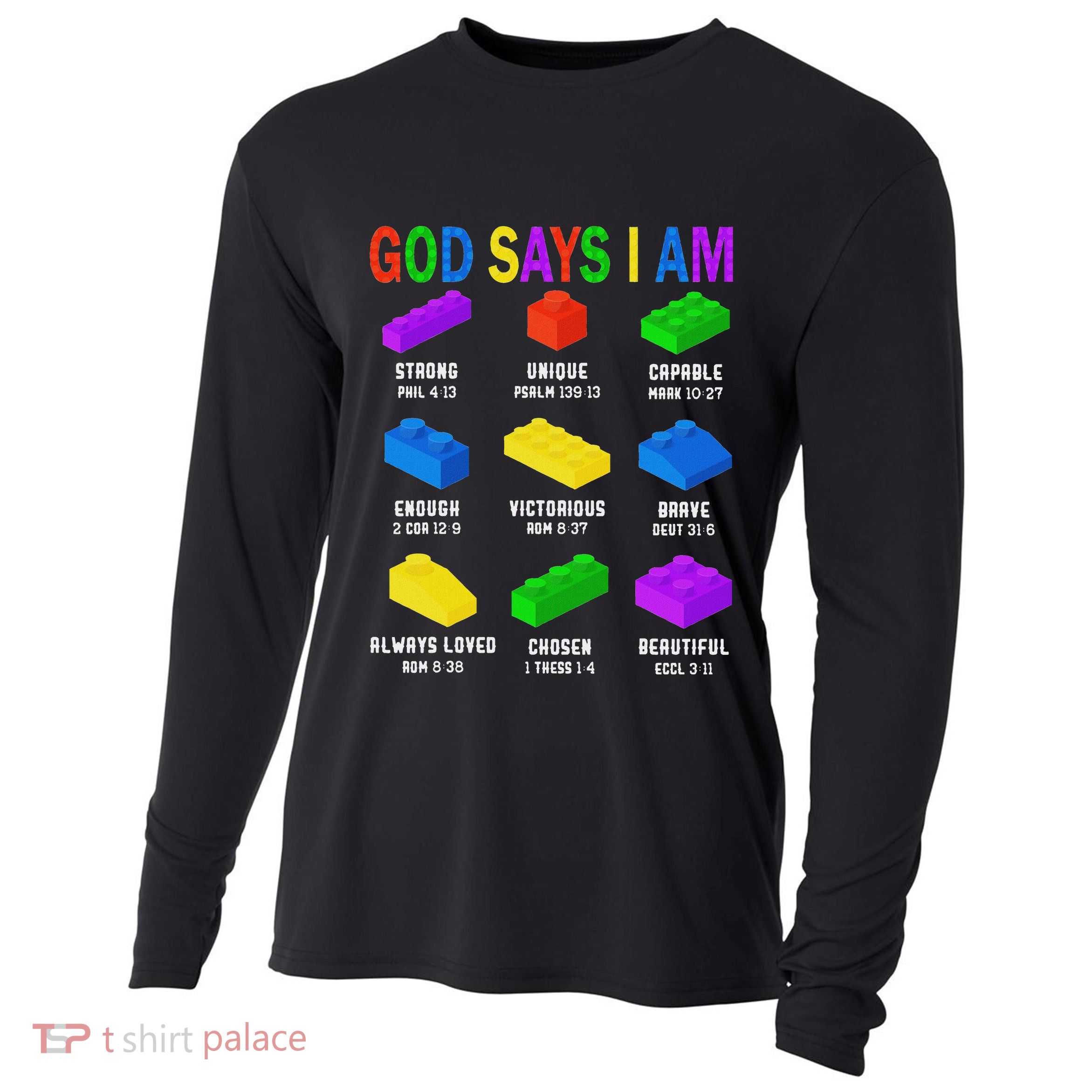 God Says I Am Building Brick Builder Block Christian Cooling Performance Long Sleeve Crew