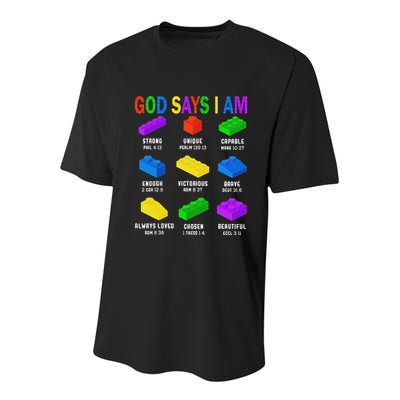God Says I Am Building Brick Builder Block Christian Youth Performance Sprint T-Shirt