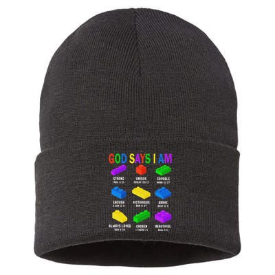 God Says I Am Building Brick Builder Block Christian Sustainable Knit Beanie