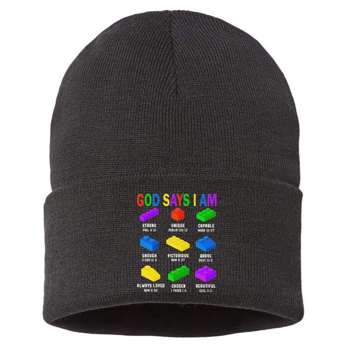 God Says I Am Building Brick Builder Block Christian Sustainable Knit Beanie
