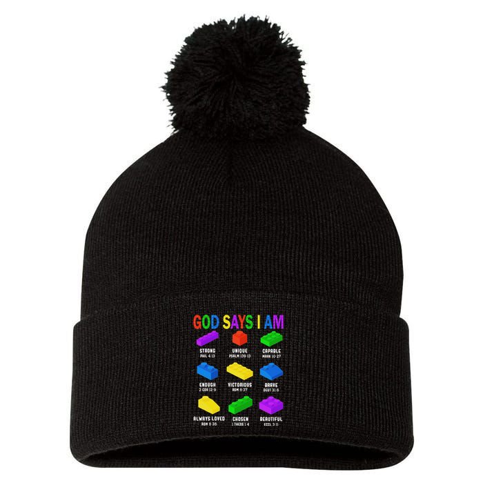 God Says I Am Building Brick Builder Block Christian Pom Pom 12in Knit Beanie