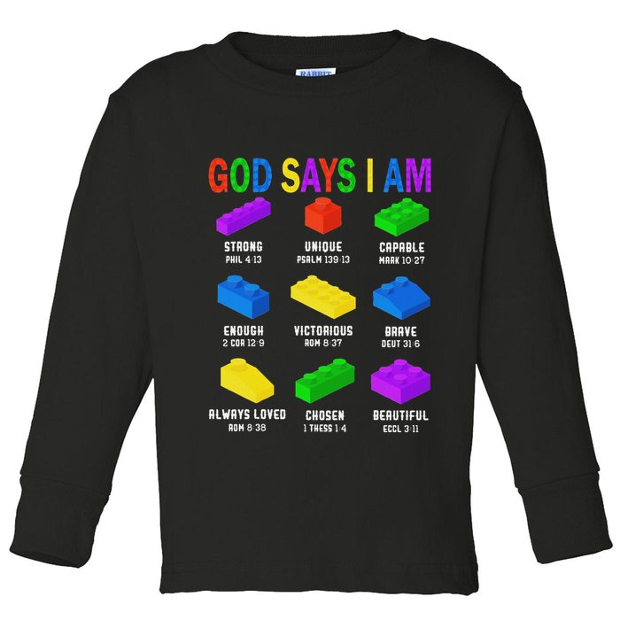 God Says I Am Building Brick Builder Block Christian Toddler Long Sleeve Shirt