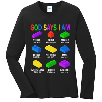 God Says I Am Building Brick Builder Block Christian Ladies Long Sleeve Shirt