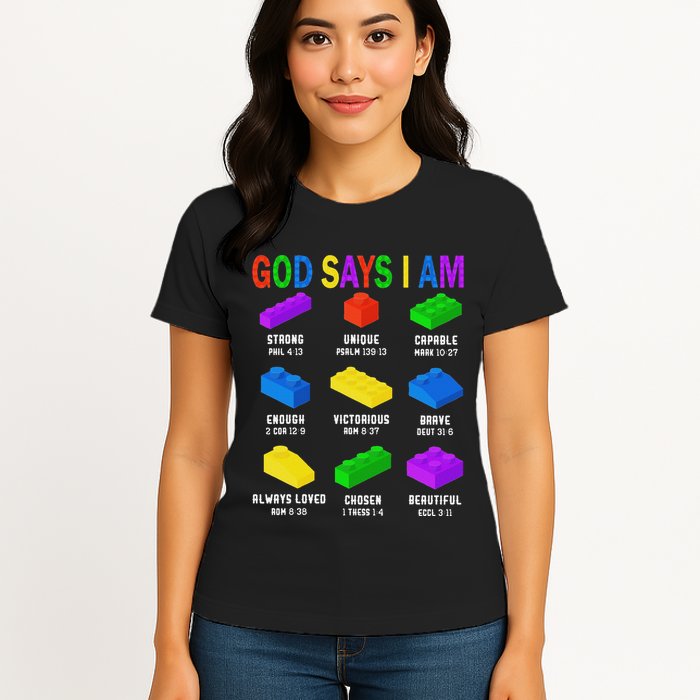 God Says I Am Building Brick Builder Block Christian Womens T-Shirt