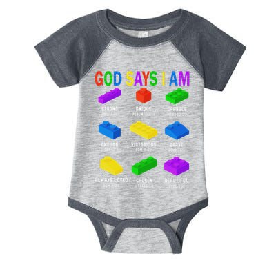 God Says I Am Building Brick Builder Block Christian Infant Baby Jersey Bodysuit