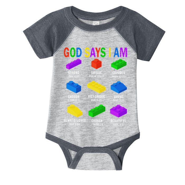 God Says I Am Building Brick Builder Block Christian Infant Baby Jersey Bodysuit