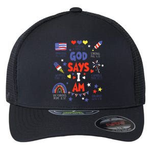 God Says I Am July 4th Christian Bible Verse Flexfit Unipanel Trucker Cap