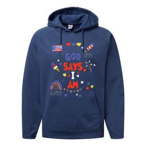 God Says I Am July 4th Christian Bible Verse Performance Fleece Hoodie