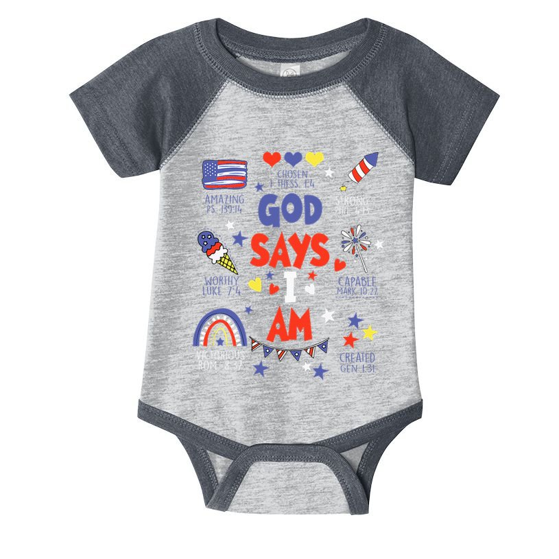 God Says I Am July 4th Christian Bible Verse Infant Baby Jersey Bodysuit