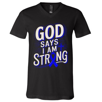 God Says IM Strong Survivor Juvenile Arthritis Awareness V-Neck T-Shirt