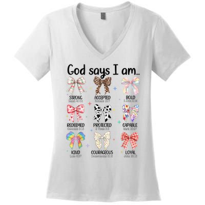 God Says I Am Coquette Bow Religious Christian Women Girls  Women's V-Neck T-Shirt