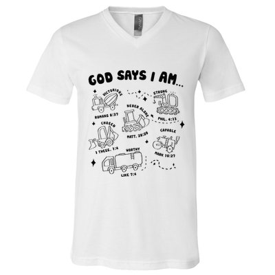 God Says I Am Truck Construction Christian Bible Verse V-Neck T-Shirt