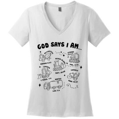 God Says I Am Truck Construction Christian Bible Verse Women's V-Neck T-Shirt
