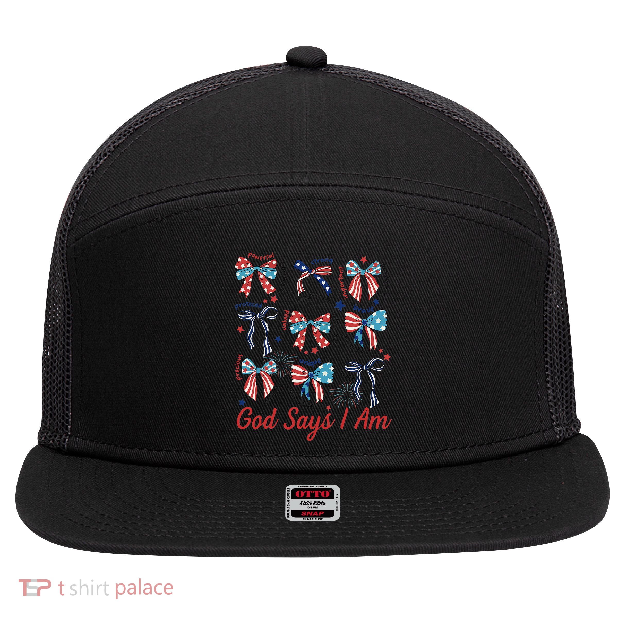 God Say I Am Coquette Bow 4th Of July Women Girl Teen 7 Panel Mesh Trucker Snapback Hat