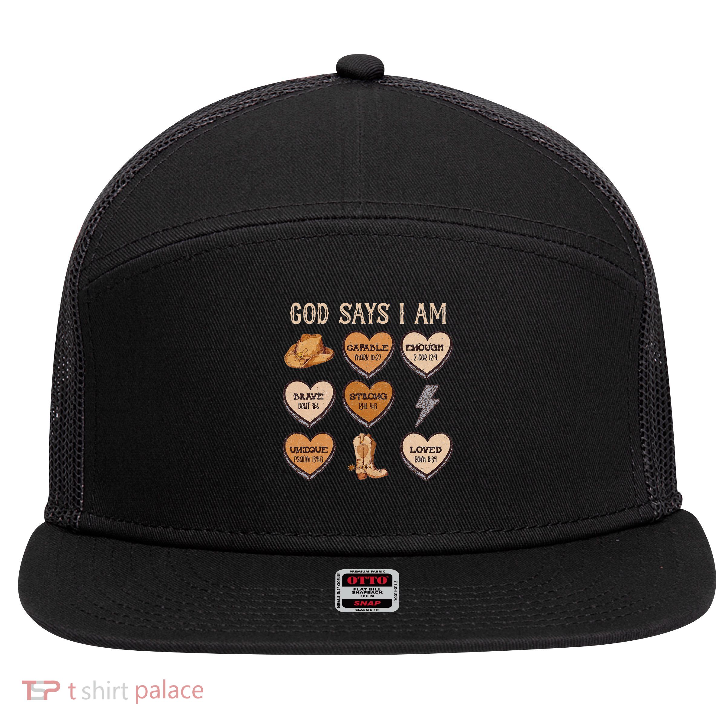 God Say I Am Conversation Heart Rodeo Western Christian 7 Panel Mesh Trucker Snapback Hat