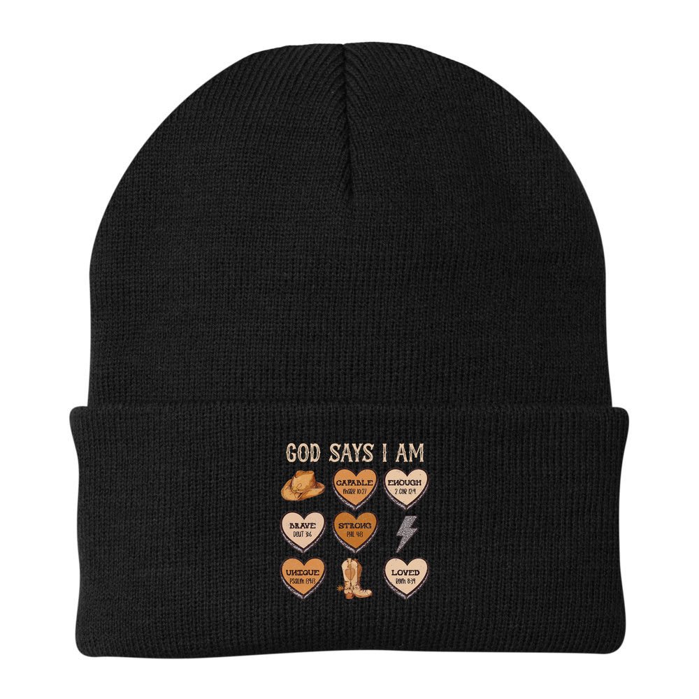 God Say I Am Conversation Heart Rodeo Western Christian Beanie