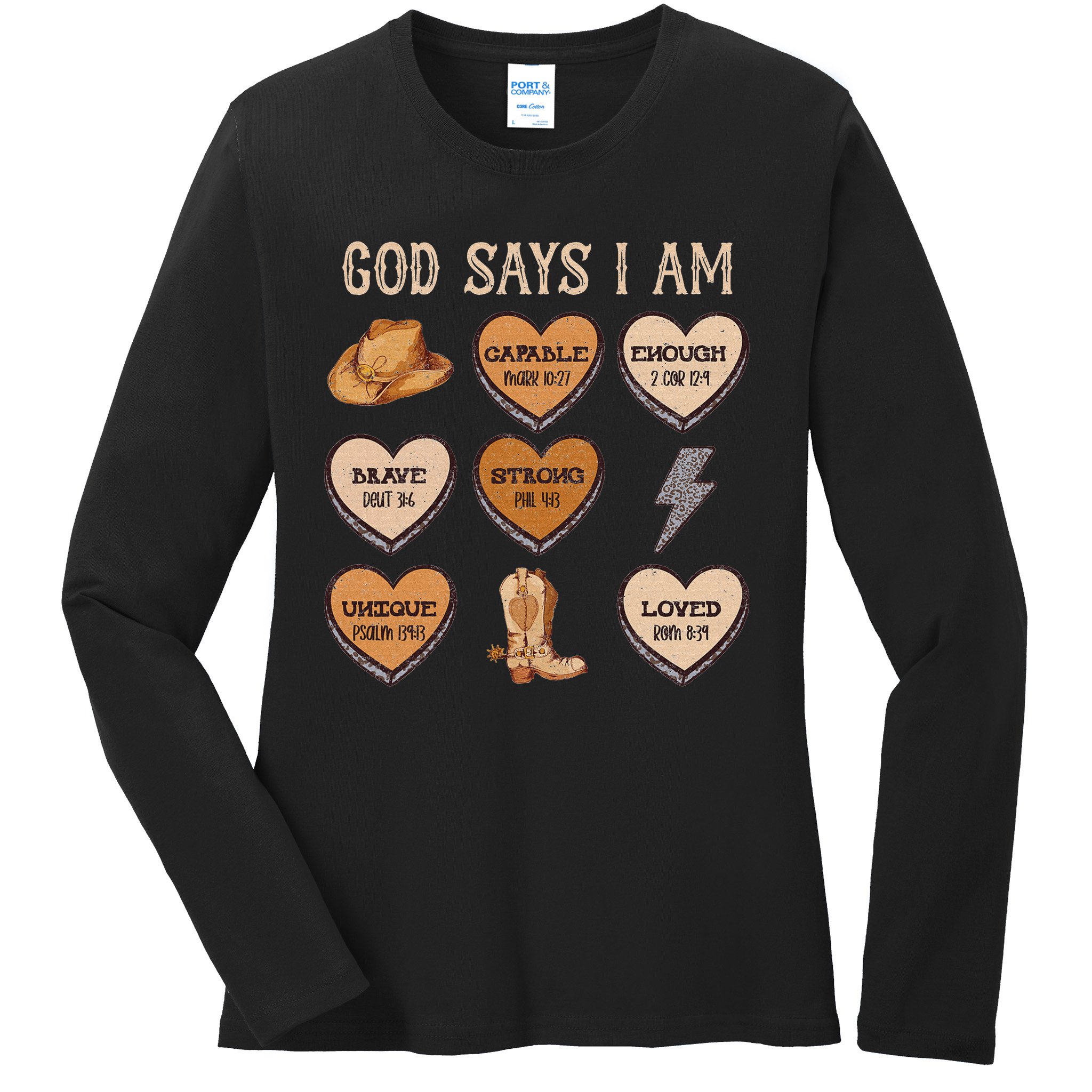 God Say I Am Conversation Heart Rodeo Western Christian Ladies Long Sleeve Shirt