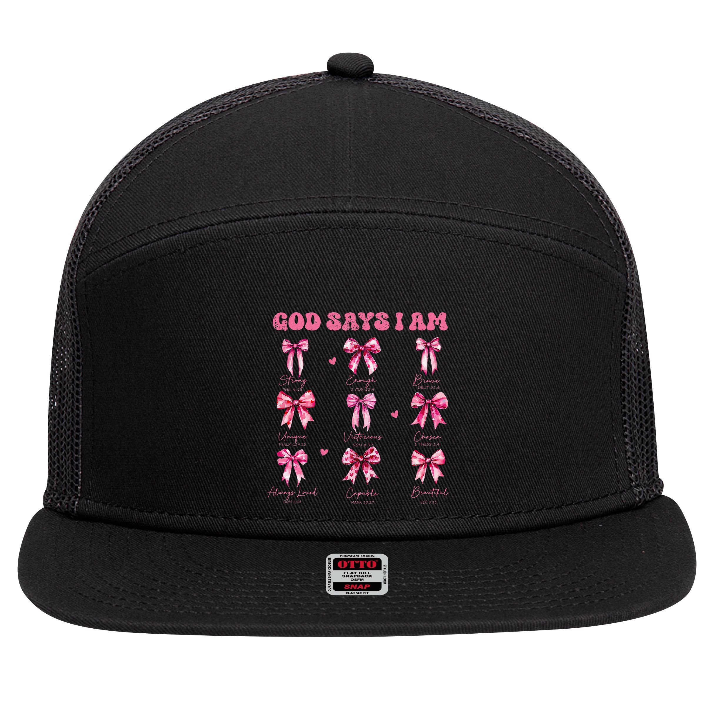 God Says I Am Coquette Bow Valentines Day Christian Women 7 Panel Mesh Trucker Snapback Hat