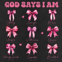 God Says I Am Coquette Bow Valentines Day Christian Women 7 Panel Mesh Trucker Snapback Hat
