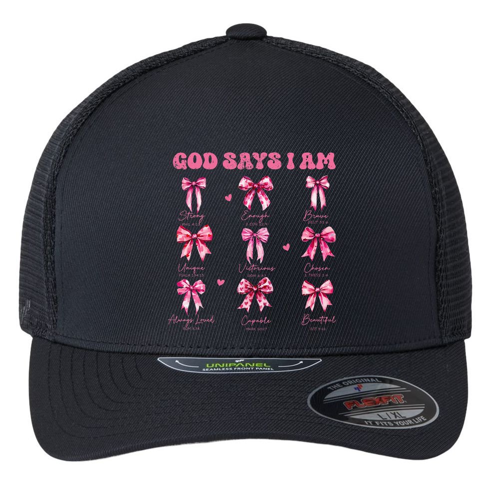 God Says I Am Coquette Bow Valentines Day Christian Women Flexfit Unipanel Trucker Cap