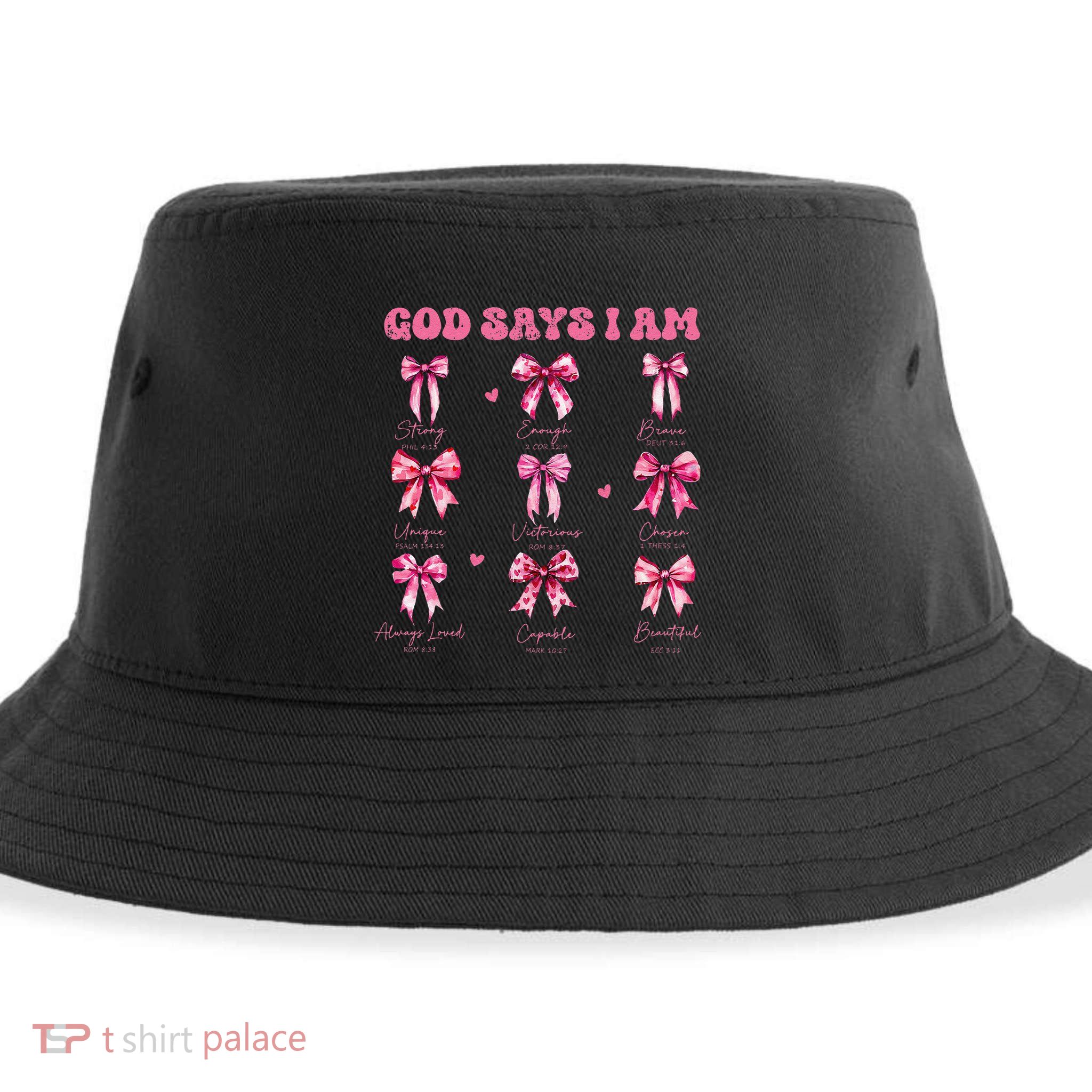God Says I Am Coquette Bow Valentines Day Christian Women Sustainable Bucket Hat