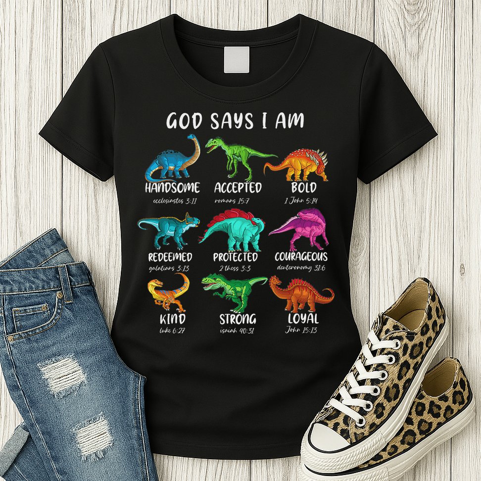 God Says I Am Dinosaur Funny Dino Bible Verse Womens T-Shirt