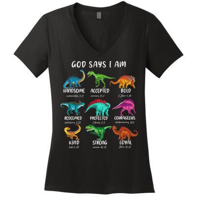 God Says I Am Dinosaur Funny Dino Bible Verse Women's V-Neck T-Shirt