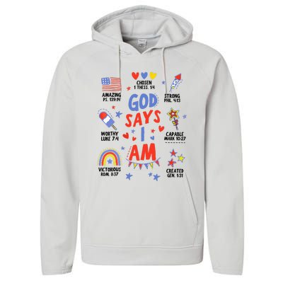 God Says I Am July 4th Christian Bible Verse Performance Fleece Hoodie