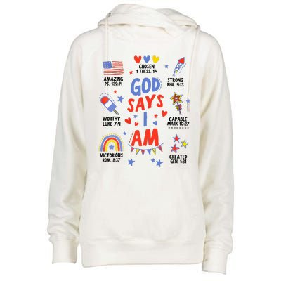 God Says I Am July 4th Christian Bible Verse Womens Funnel Neck Pullover Hood