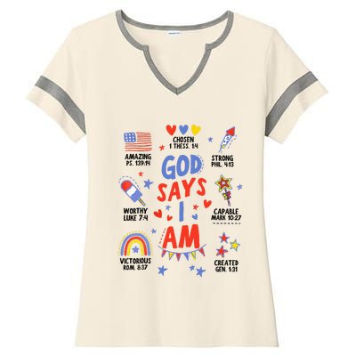 God Says I Am July 4th Christian Bible Verse Ladies Halftime Notch Neck Tee