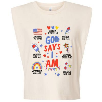 God Says I Am July 4th Christian Bible Verse Garment-Dyed Women's Muscle Tee