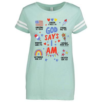 God Says I Am July 4th Christian Bible Verse Enza Ladies Jersey Football T-Shirt