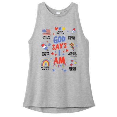 God Says I Am July 4th Christian Bible Verse Ladies PosiCharge Tri-Blend Wicking Tank