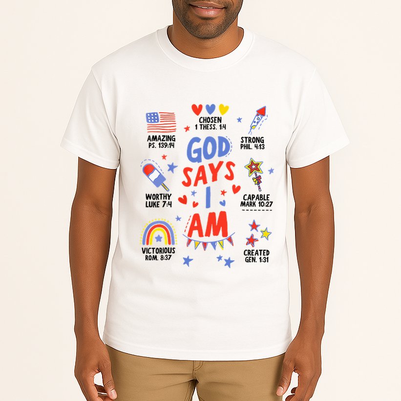 God Says I Am July 4th Christian Bible Verse Tall T-Shirt