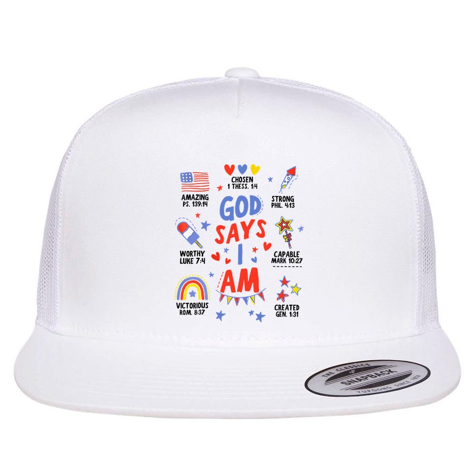 God Says I Am July 4th Christian Bible Verse Flat Bill Trucker Hat
