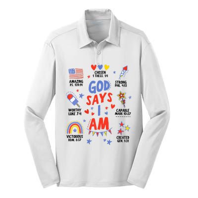 God Says I Am July 4th Christian Bible Verse Silk Touch Performance Long Sleeve Polo